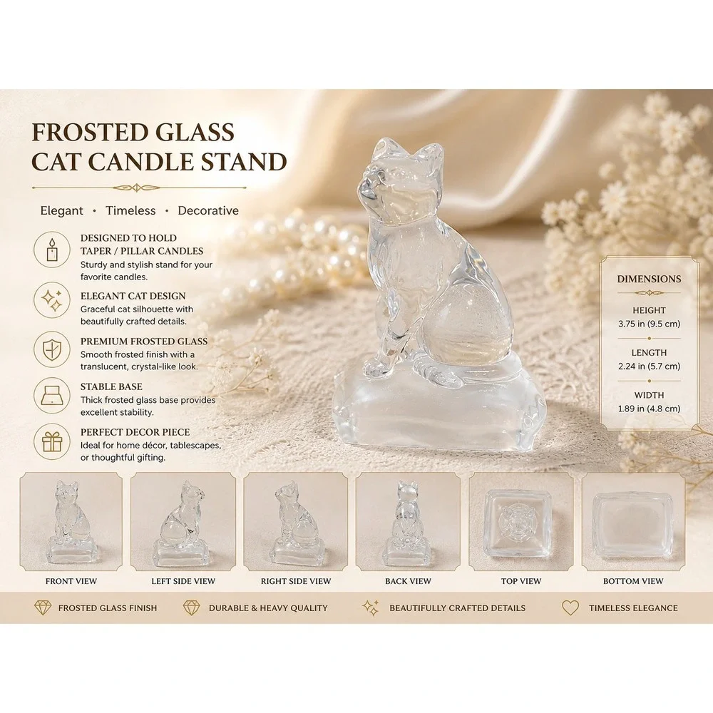 Vintage Clear Art Glass‎ Cat Figurine on Frosted Base Crystal Style Paperweight